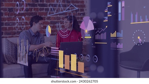 Image of financial data processing over diverse business people. Global business, finances, computing and data processing concept digitally generated image.