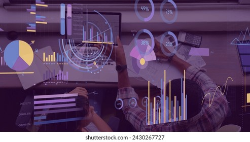 Image of financial data processing over diverse business people. Global business, finances, computing and data processing concept digitally generated image.