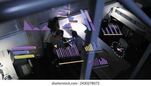 Image of financial data processing over business people working in office. Global business, finances, computing and data processing concept digitally generated image.