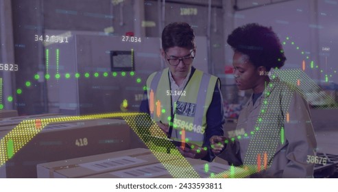Image of financial data processing over diverse people working in warehouse. Global shipping, business, finance, computing and data processing concept digitally generated image.