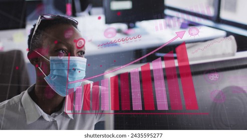 Image of financial data processing over businesswoman with face mask using computer in office. global business and digital interface during covid 19 pandemic concept digitally generated image.