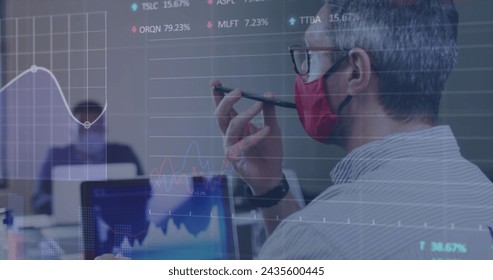 Image of financial data processing over businessman with face mask using smartphone in office. global business and digital interface during covid 19 pandemic concept digitally generated image. - Powered by Shutterstock - Get 15% off with code: PIKWIZARD15