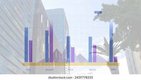 Image of financial data processing over cityscape. Global business, finances, computing and data processing concept digitally generated image.