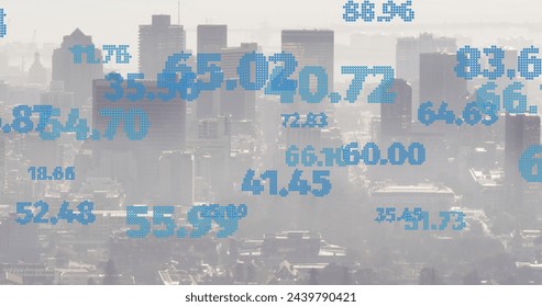 Image of financial data processing over cityscape. Global business, finances, computing and data processing concept digitally generated image.