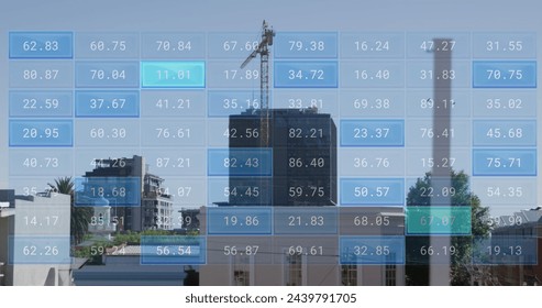 Image of financial data processing over cityscape with buildings. Global business, finances, computing and data processing concept digitally generated image.