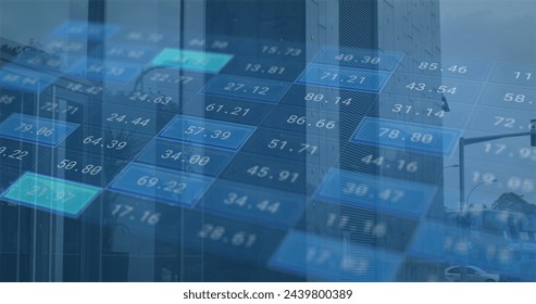 Image of financial data processing over cityscape. Global business, finances, computing and data processing concept digitally generated image.