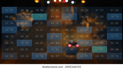 Image of financial data processing over cars on street. Global business, finances, computing and data processing concept digitally generated image.