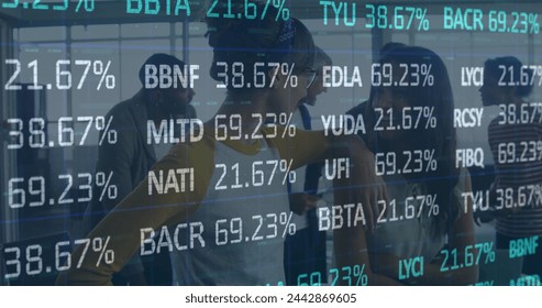 Image of financial data processing over businesspeople in office. global business, finances, data processing and connections concept digitally generated image.