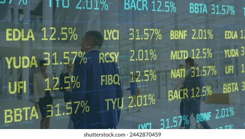 Image of financial data processing over business people working in office. global business, connections, digital interface and technology concept digitally generated image.