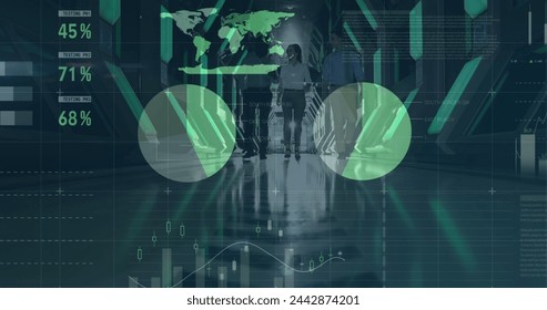 Image of financial data processing over business people working in office. global business, connections, digital interface and technology concept digitally generated image.
