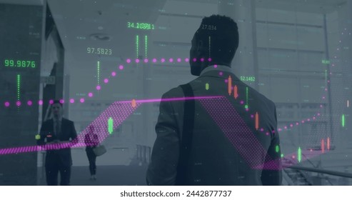 Image of financial data processing over business people working in office. global business, connections, digital interface and technology concept digitally generated image.