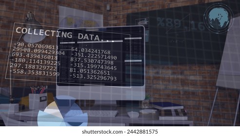 Image of financial data processing over office desk with computer and electronic devices. Global business, finances, computing and data processing concept digitally generated image.