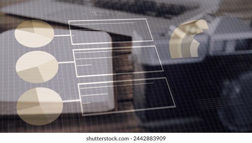 Image of financial data processing over office desk with electronic devices. Global business, finances, computing and data processing concept digitally generated image.
