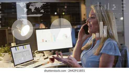 Image of financial data processing over caucasian businesswoman working in office. Global business, finances, computing and data processing concept digitally generated image.
