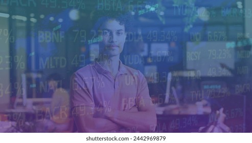 Image of financial data processing over biracial businessman. Global business, finances, computing and data processing concept digitally generated image