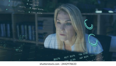Image of financial data processing over caucasian businesswoman. Global business, finances, computing and data processing concept digitally generated image