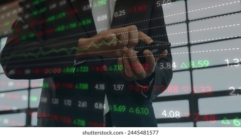 Image of financial data processing over caucasian businessman using smartphone. Global architecture, business, finances, computing and data processing concept digitally generated image.