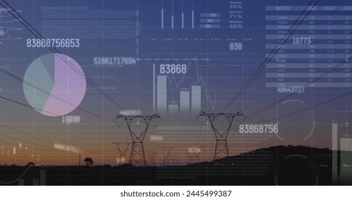 Image of financial data processing over electricity pylons on field. Global finances, energy and environment concept digitally generated image.