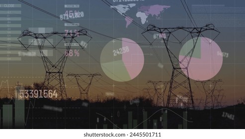 Image of financial data processing over electricity pylons on field. Global finances, energy and environment concept digitally generated image.