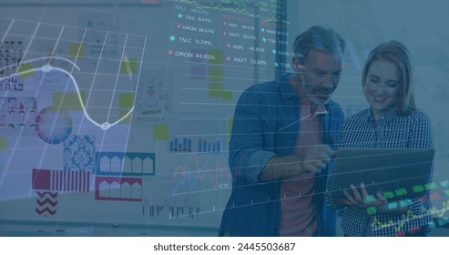 Image of financial data processing over diverse business people. Global finance, business, connections, computing and data processing concept digitally generated image.