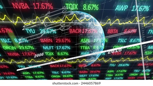 Image of financial data processing over globe. Global business, finance, computing and data processing concept digitally generated image.