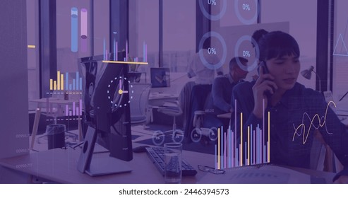 Image of financial data processing over biracial businesswoman in office. Global business, finances, computing and data processing concept digitally generated image.