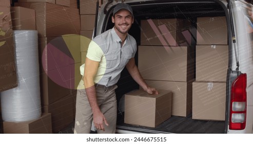 Image of financial data processing over delivery man loading up car outside of warehouse. global shipping, delivery and connections concept digitally generated image. - Powered by Shutterstock