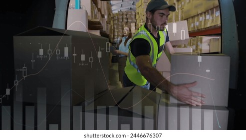 Image of financial data processing over delivery man loading up car in warehouse. global shipping, delivery and connections concept digitally generated image.