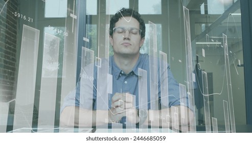 Image of financial data processing over businessman in office. global business, data processing and digital interface concept digitally generated image.