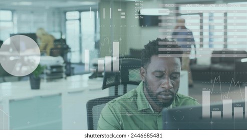 Image of financial data processing over businessman using computer in office. global business, data processing and digital interface concept digitally generated image.