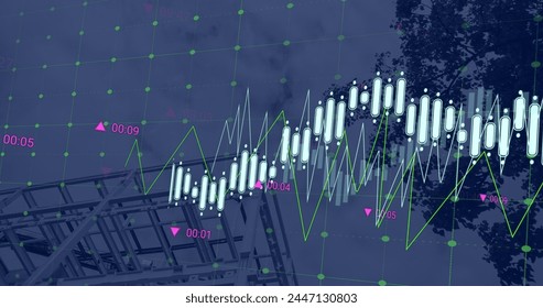 Image of financial data processing over construction site. global development, business, finance, digital interface and data processing concept digitally generated image.