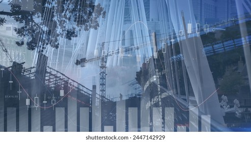 Image of financial data processing over constructions site and busy city. business, digital interface and data processing concept digitally generated image.