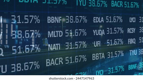 Image of financial data processing over city. business, digital interface and data processing concept digitally generated image.