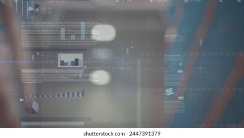 Image of financial data processing over out of focus lights. global business, data processing, digital interface, technology and shipping concept digitally generated image.