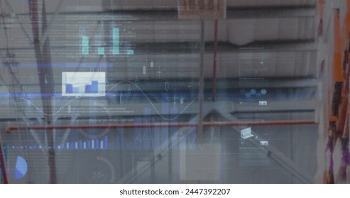 Image of financial data processing over warehouse. global business, data processing, digital interface, technology and shipping concept digitally generated image.