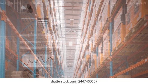 Image of financial data processing over warehouse. global business, data processing, digital interface, technology and shipping concept digitally generated image. - Powered by Shutterstock