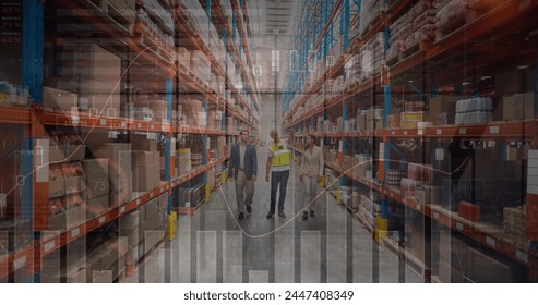 Image of financial data processing over men in warehouse. global business, data processing, digital interface, technology and shipping concept digitally generated image. - Powered by Shutterstock