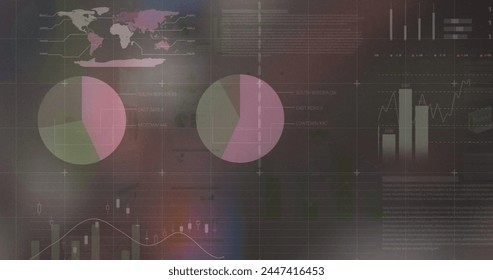 Image of financial data processing over grey background. global business, data processing, digital interface, technology concept digitally generated image.