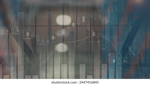 Image of financial data processing over out of focus lights. global business, data processing, digital interface, technology concept digitally generated image.