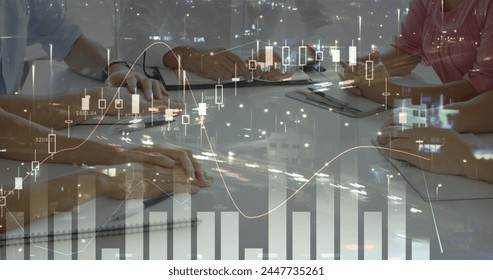 Image of financial data processing over businesses people. global business, finances, data processing and digital interface concept digitally generated image.