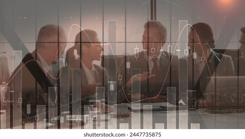 Image of financial data processing over businesses people. global business, finances, data processing and digital interface concept digitally generated image.