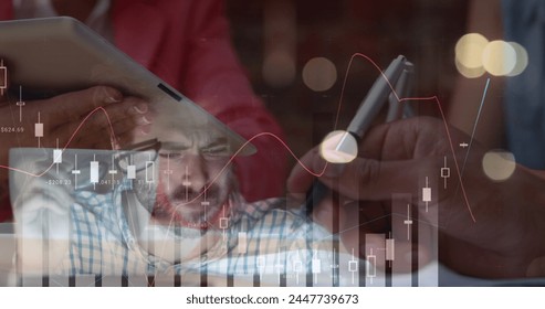 Image of financial data processing over businesses people. global business, finances, data processing and digital interface concept digitally generated image.