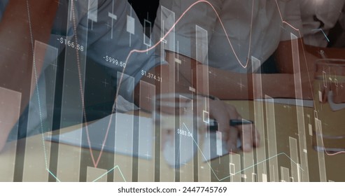 Image of financial data processing over businesses people. global business, finances, data processing and digital interface concept digitally generated image.