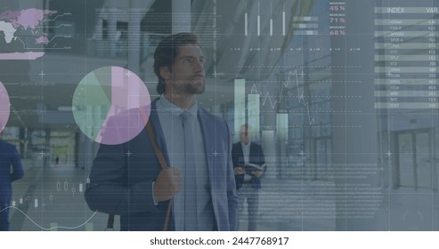 Image of financial data processing over business people. global business, connections and data processing concept digitally generated image.