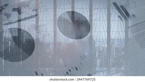 Image of financial data processing over modern office. global business, connections and data processing concept digitally generated image.