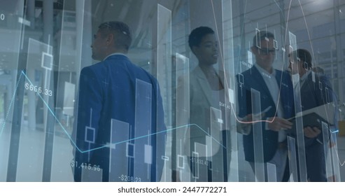 Image of financial data processing over business people. global business, connections and data processing concept digitally generated image.