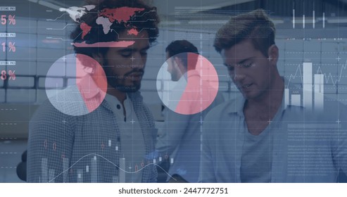 Image of financial data processing over business people. global business, connections and data processing concept digitally generated image.