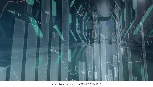 Image of financial data processing over business people. global business, connections and data processing concept digitally generated image.