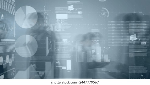 Image of financial data processing over business people. global business, connections and data processing concept digitally generated image.