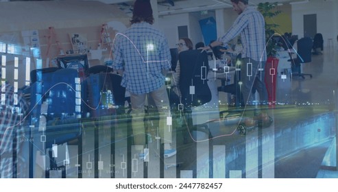 Image of financial data processing over business people in busy office. global business and data processing concept digitally generated image.